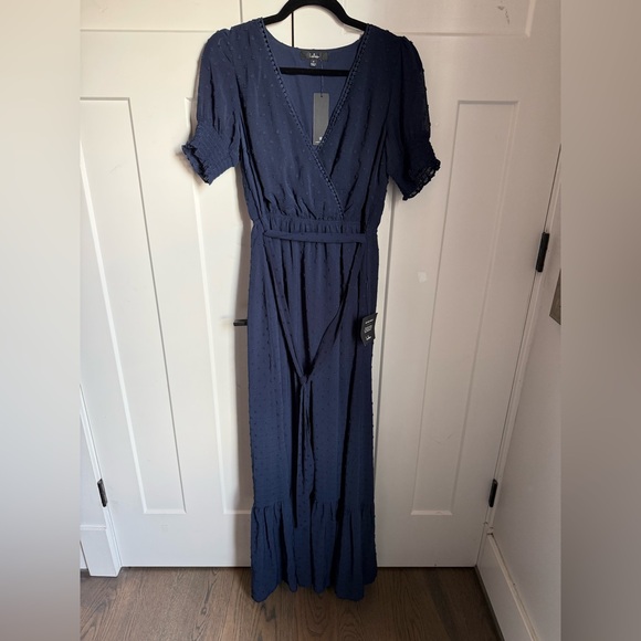 Lulus Dresses & Skirts - NWT Lulu’s Harmony Navy Blue Swiss Dot Ruffled Faux Wrap Midi Dress size small.